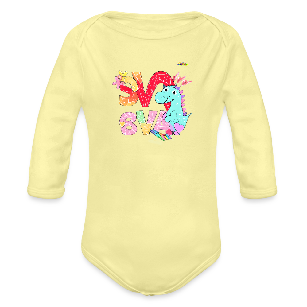 Cute Roaring with Love Dino Graphic Baby Organic long Sleeve Baby Bodysuit-mybrightsideclothing.com - washed yellow