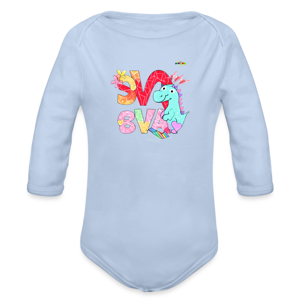 Cute Roaring with Love Dino Graphic Baby Organic long Sleeve Baby Bodysuit-mybrightsideclothing.com - sky