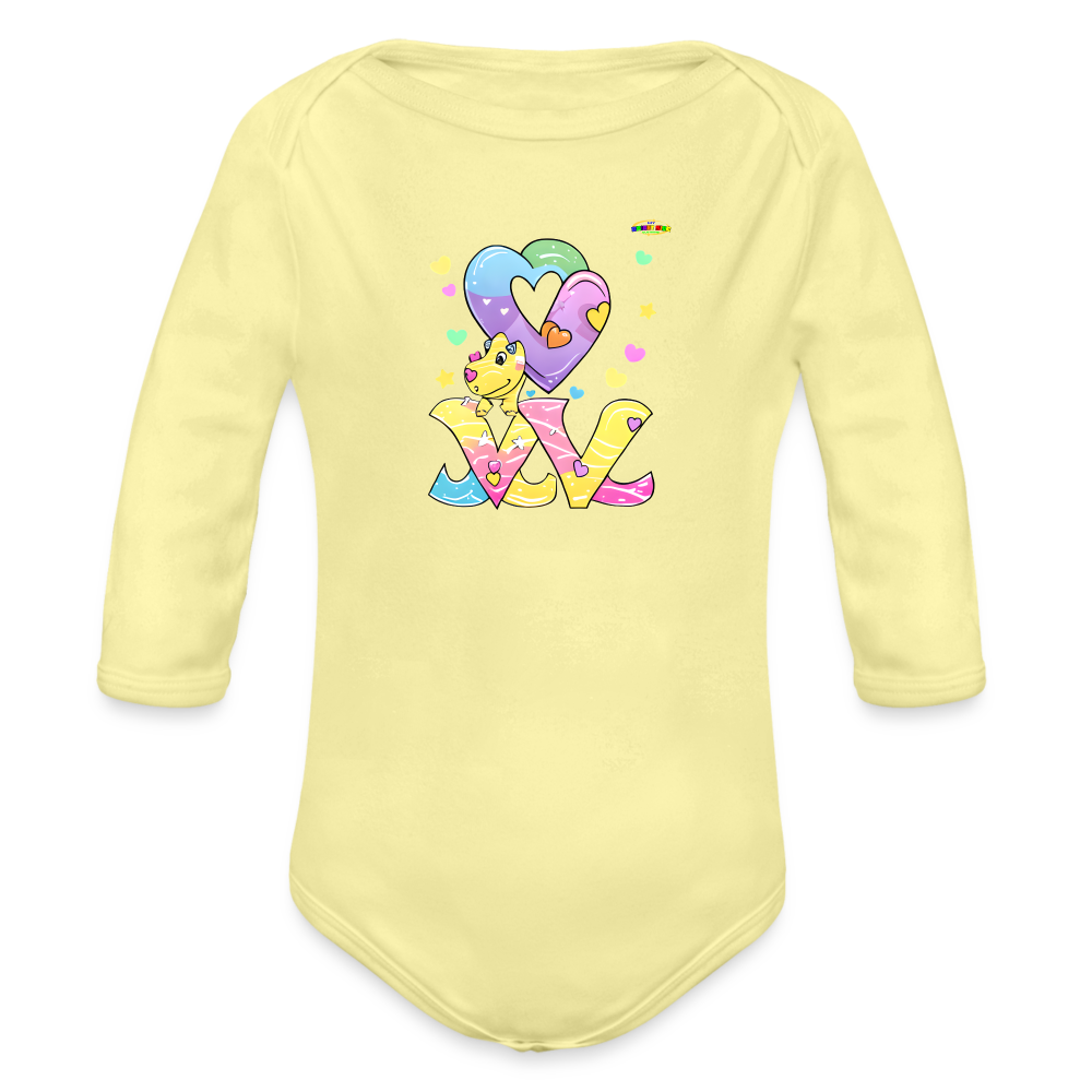 Cute Roaring with Love Dino Graphic Baby Organic long Sleeve Baby Bodysuit-mybrightsideclothing.com - washed yellow