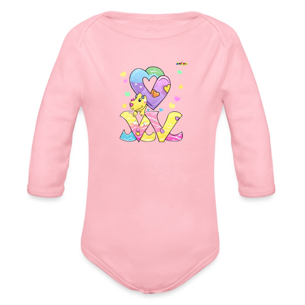 Cute Roaring with Love Dino Graphic Baby Organic long Sleeve Baby Bodysuit-mybrightsideclothing.com - light pink