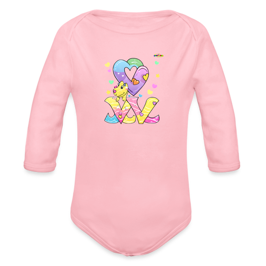 Cute Roaring with Love Dino Graphic Baby Organic long Sleeve Baby Bodysuit-mybrightsideclothing.com - light pink