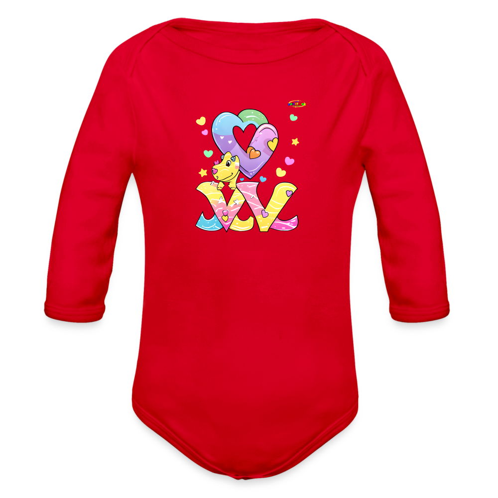 Cute Roaring with Love Dino Graphic Baby Organic long Sleeve Baby Bodysuit-mybrightsideclothing.com - red