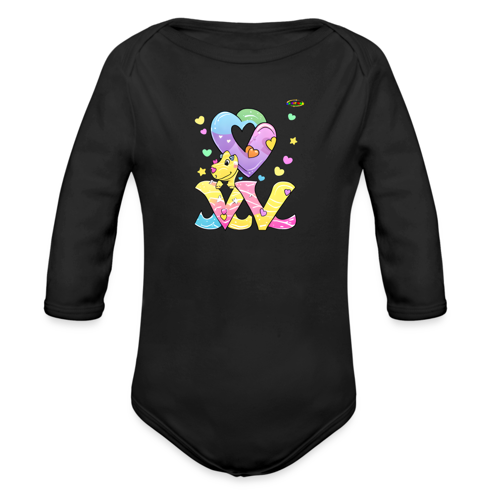 Cute Roaring with Love Dino Graphic Baby Organic long Sleeve Baby Bodysuit-mybrightsideclothing.com - black