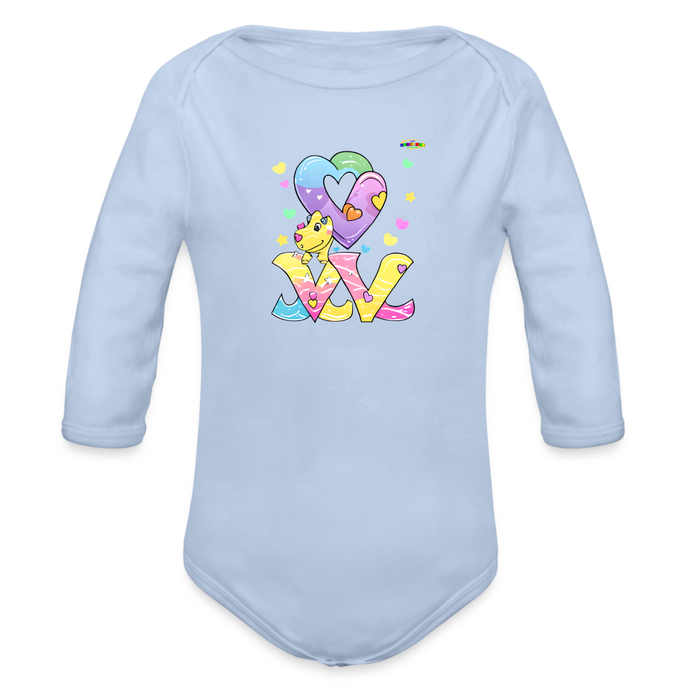 Cute Roaring with Love Dino Graphic Baby Organic long Sleeve Baby Bodysuit-mybrightsideclothing.com - sky