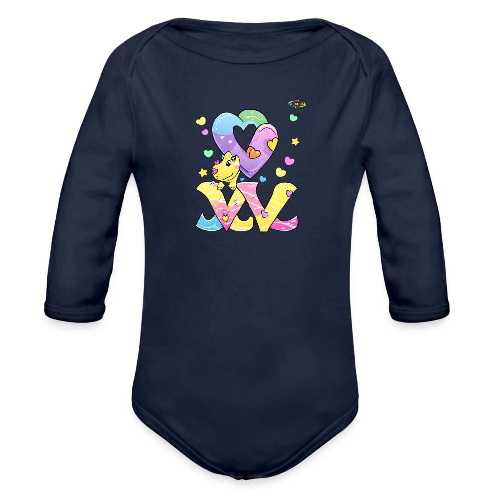 Cute Roaring with Love Dino Graphic Baby Organic long Sleeve Baby Bodysuit-mybrightsideclothing.com - dark navy