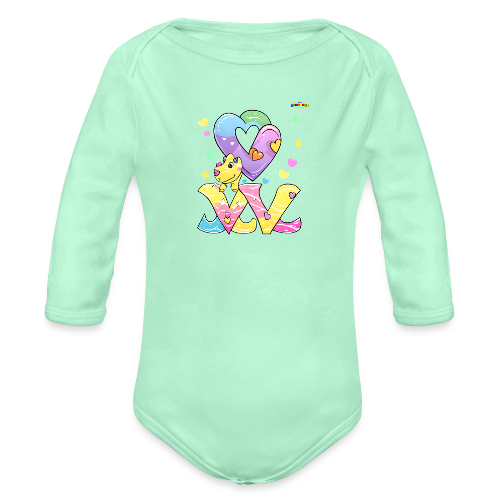 Cute Roaring with Love Dino Graphic Baby Organic long Sleeve Baby Bodysuit-mybrightsideclothing.com - light mint