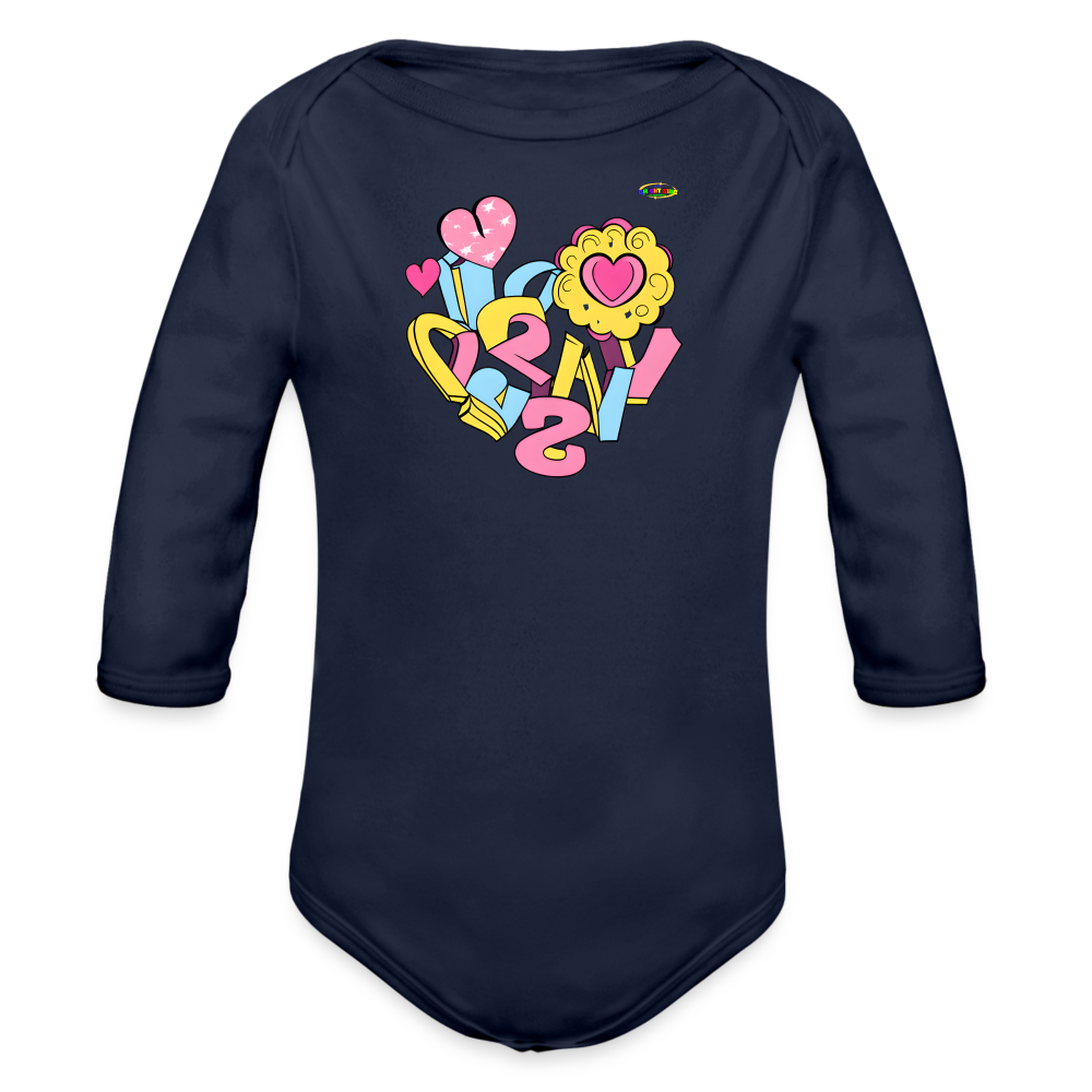 Spreading Love Graphic Baby Organic long Sleeve Baby Bodysuit-mybrightsideclothing.com - dark navy