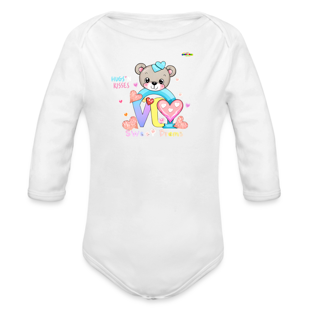 Cute Hugs and kisses Teddy Bear Graphic -Organic Long Sleeve Baby Bodysuit-mybrightsideclothing.com - white