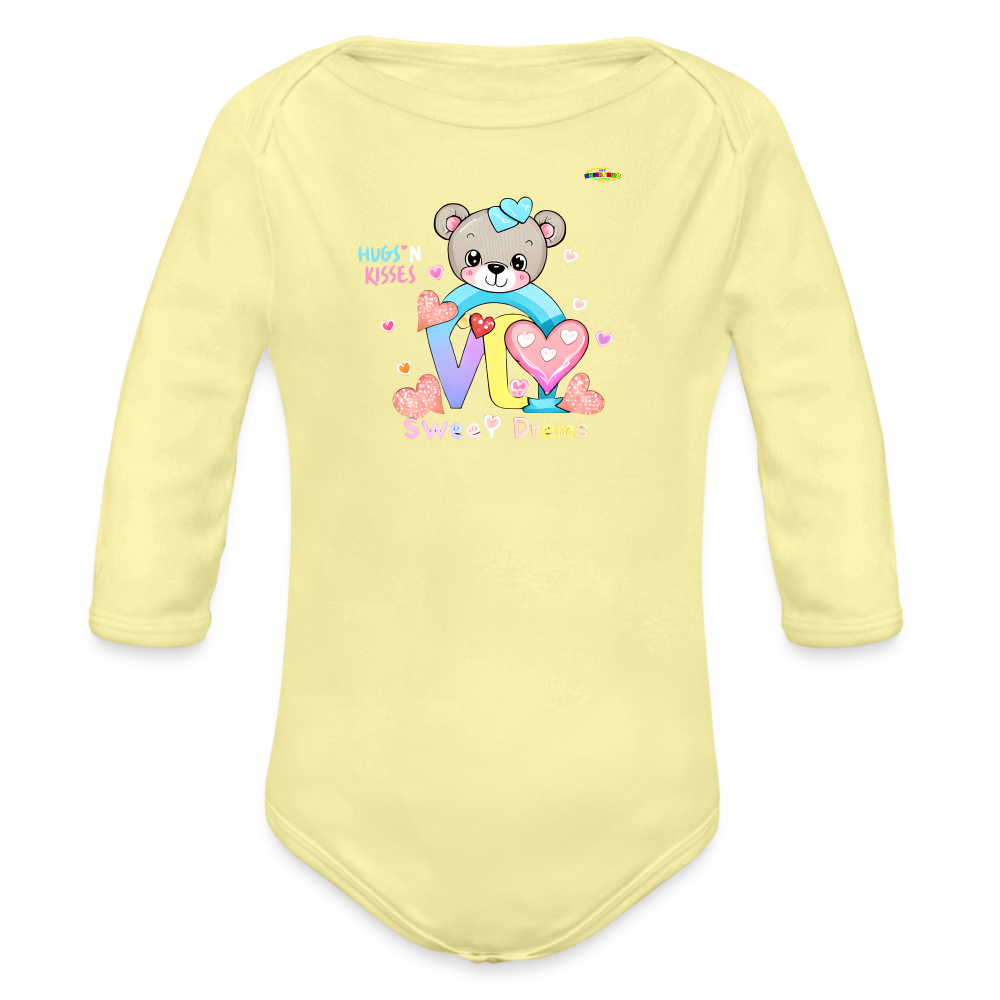 Cute Hugs and kisses Teddy Bear Graphic -Organic Long Sleeve Baby Bodysuit-mybrightsideclothing.com - washed yellow