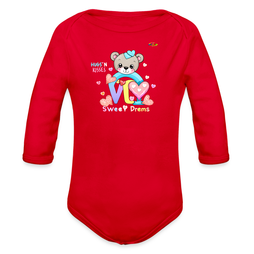 Cute Hugs and kisses Teddy Bear Graphic -Organic Long Sleeve Baby Bodysuit-mybrightsideclothing.com - red