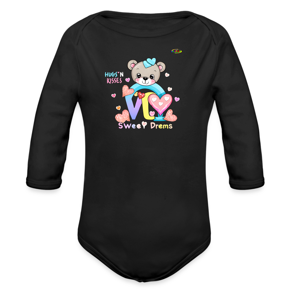 Cute Hugs and kisses Teddy Bear Graphic -Organic Long Sleeve Baby Bodysuit-mybrightsideclothing.com - black