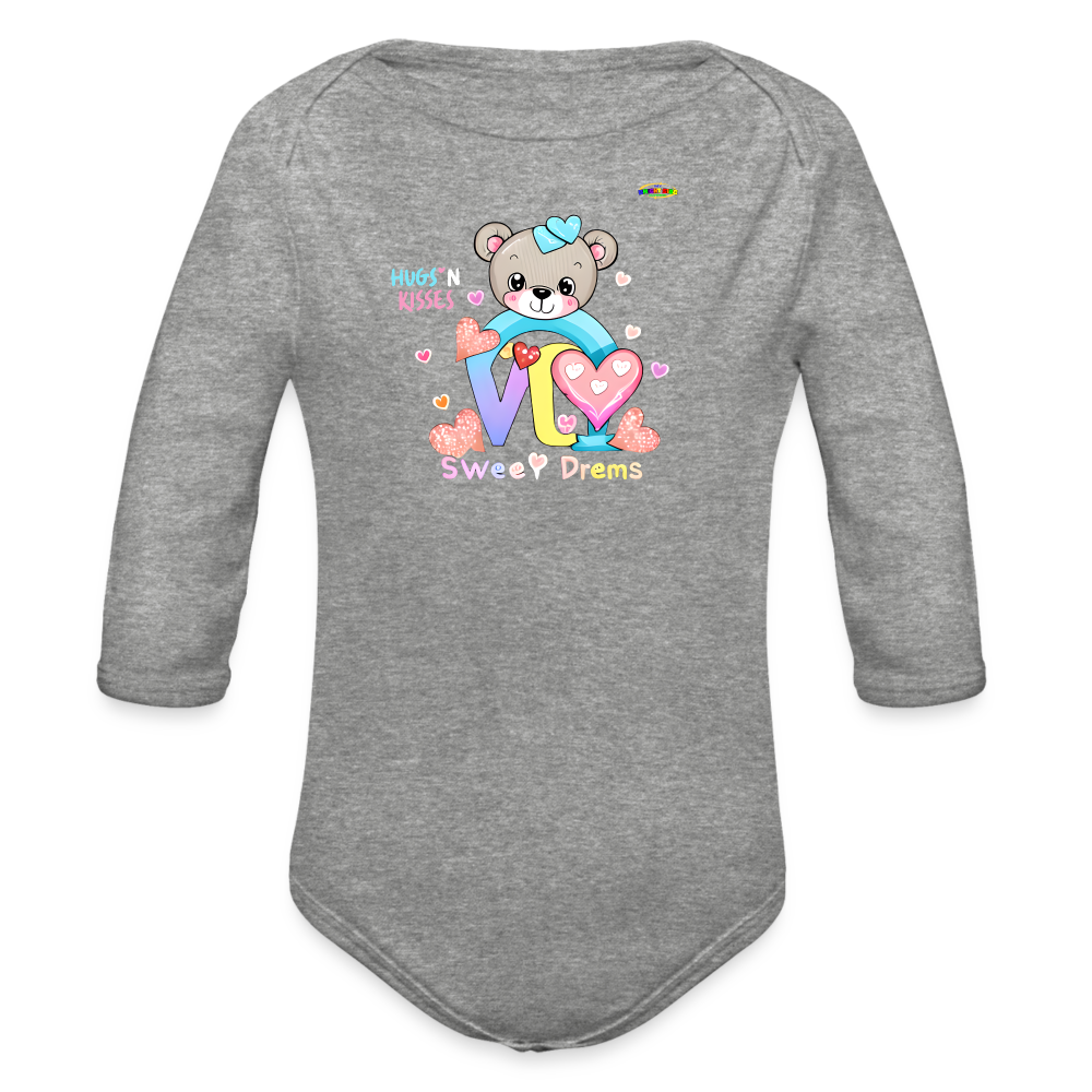 Cute Hugs and kisses Teddy Bear Graphic -Organic Long Sleeve Baby Bodysuit-mybrightsideclothing.com - heather grey