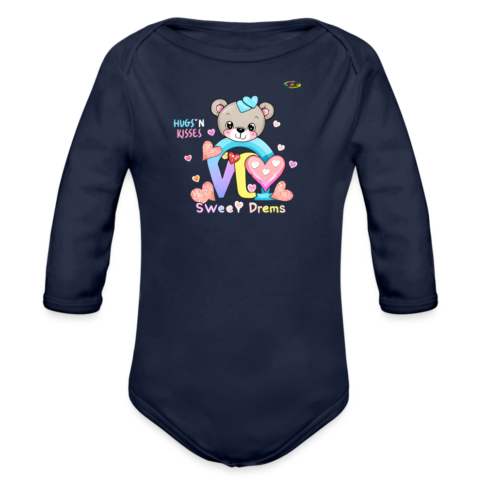 Cute Hugs and kisses Teddy Bear Graphic -Organic Long Sleeve Baby Bodysuit-mybrightsideclothing.com - dark navy