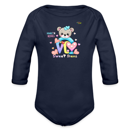 Cute Hugs and kisses Teddy Bear Graphic -Organic Long Sleeve Baby Bodysuit-mybrightsideclothing.com - dark navy