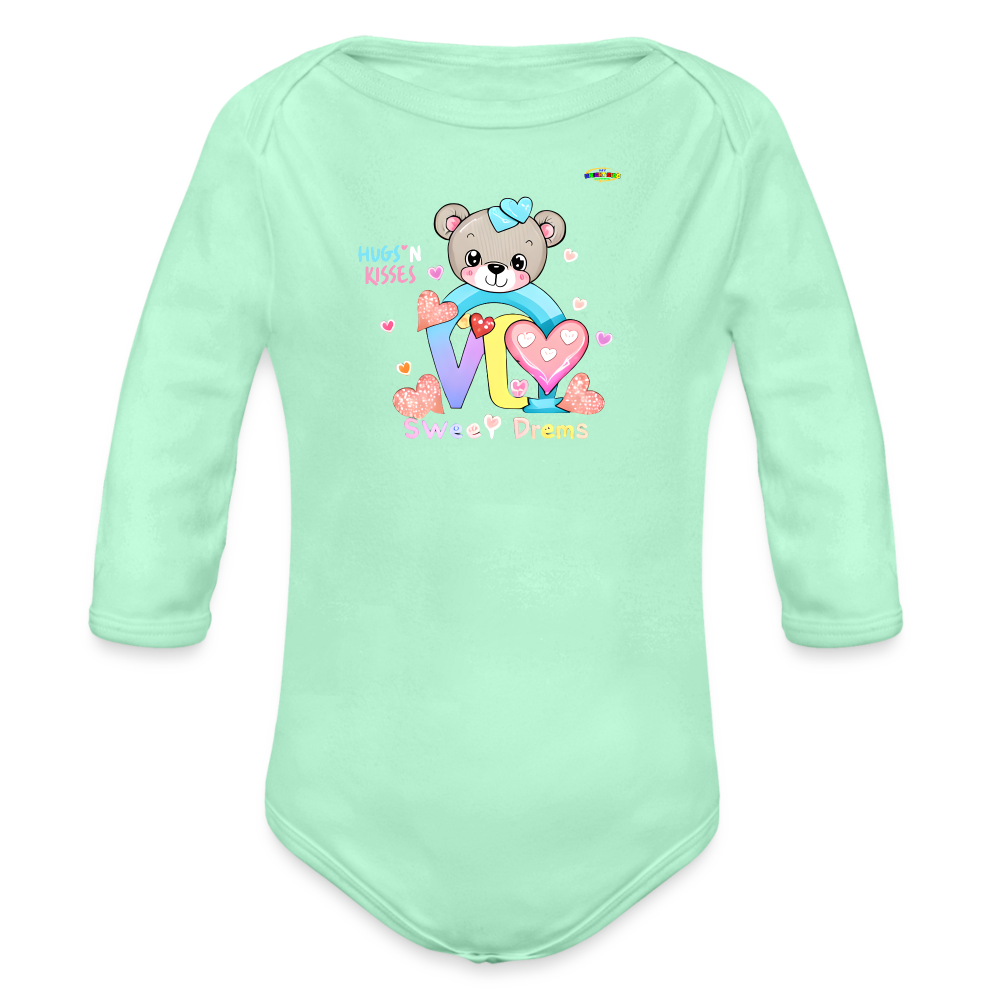 Cute Hugs and kisses Teddy Bear Graphic -Organic Long Sleeve Baby Bodysuit-mybrightsideclothing.com - light mint