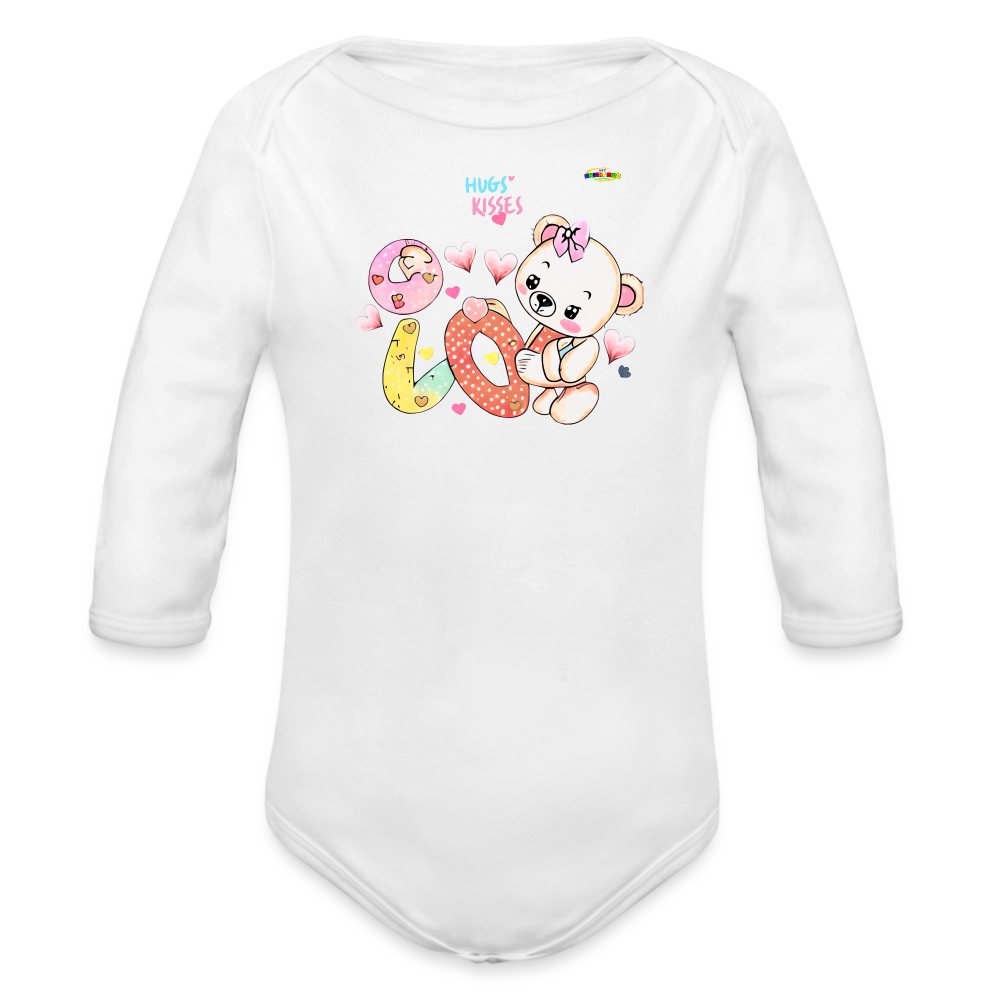 Cute Hugs and kisses Teddy Bear Graphic -Organic Long Sleeve Baby Bodysuit-mybrightsideclothing.com - white