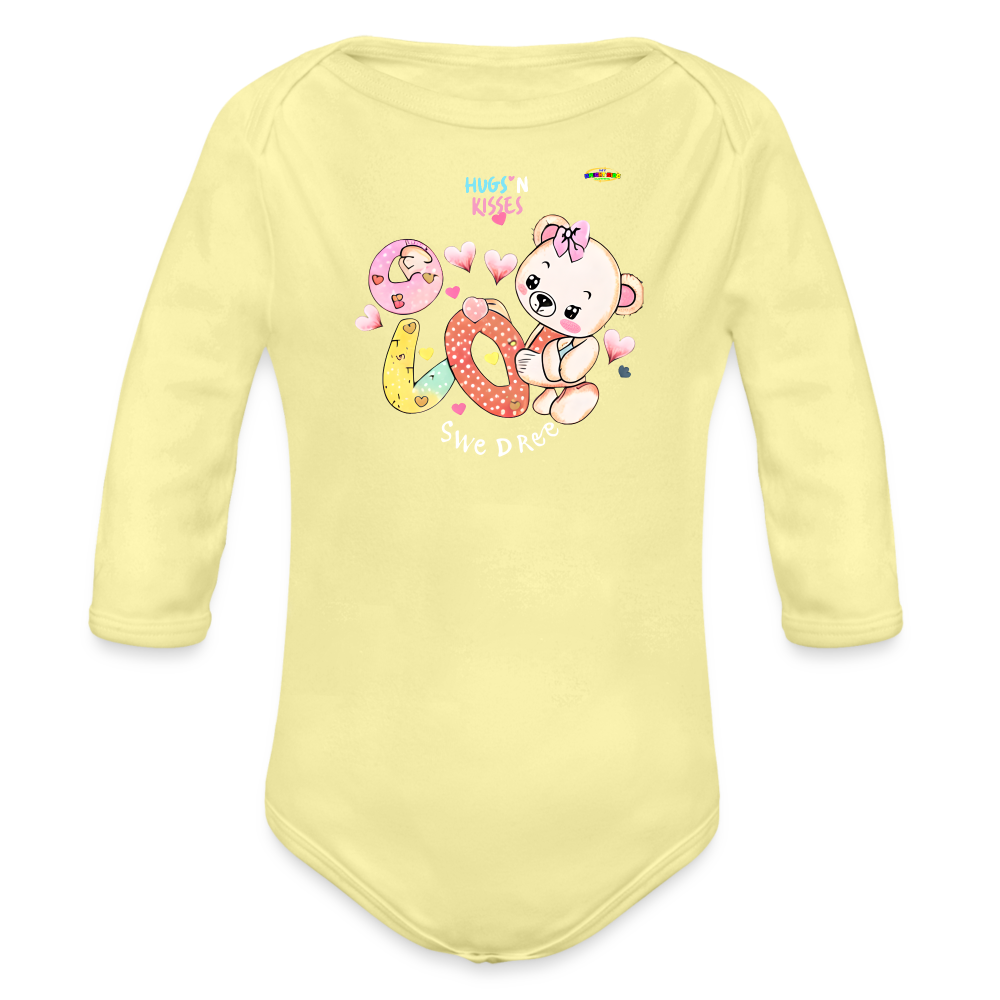 Cute Hugs and kisses Teddy Bear Graphic -Organic Long Sleeve Baby Bodysuit-mybrightsideclothing.com - washed yellow