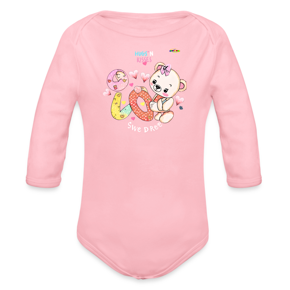 Cute Hugs and kisses Teddy Bear Graphic -Organic Long Sleeve Baby Bodysuit-mybrightsideclothing.com - light pink