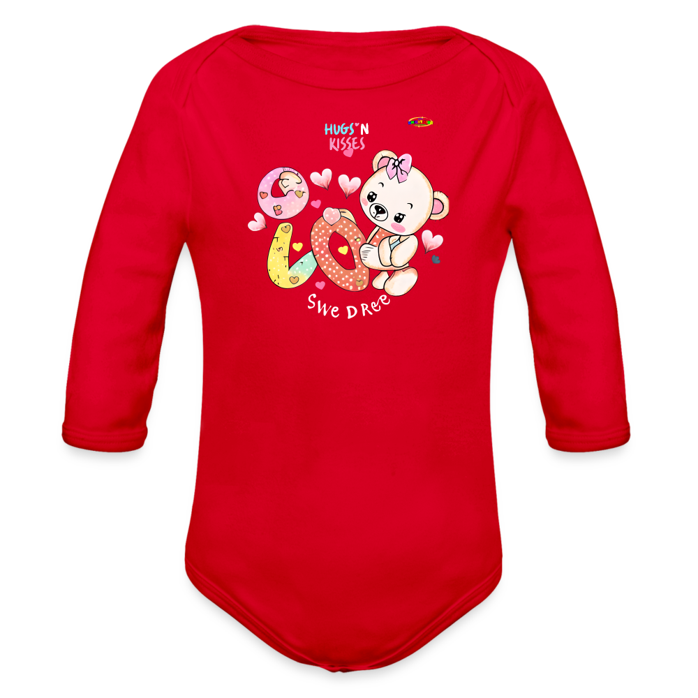 Cute Hugs and kisses Teddy Bear Graphic -Organic Long Sleeve Baby Bodysuit-mybrightsideclothing.com - red