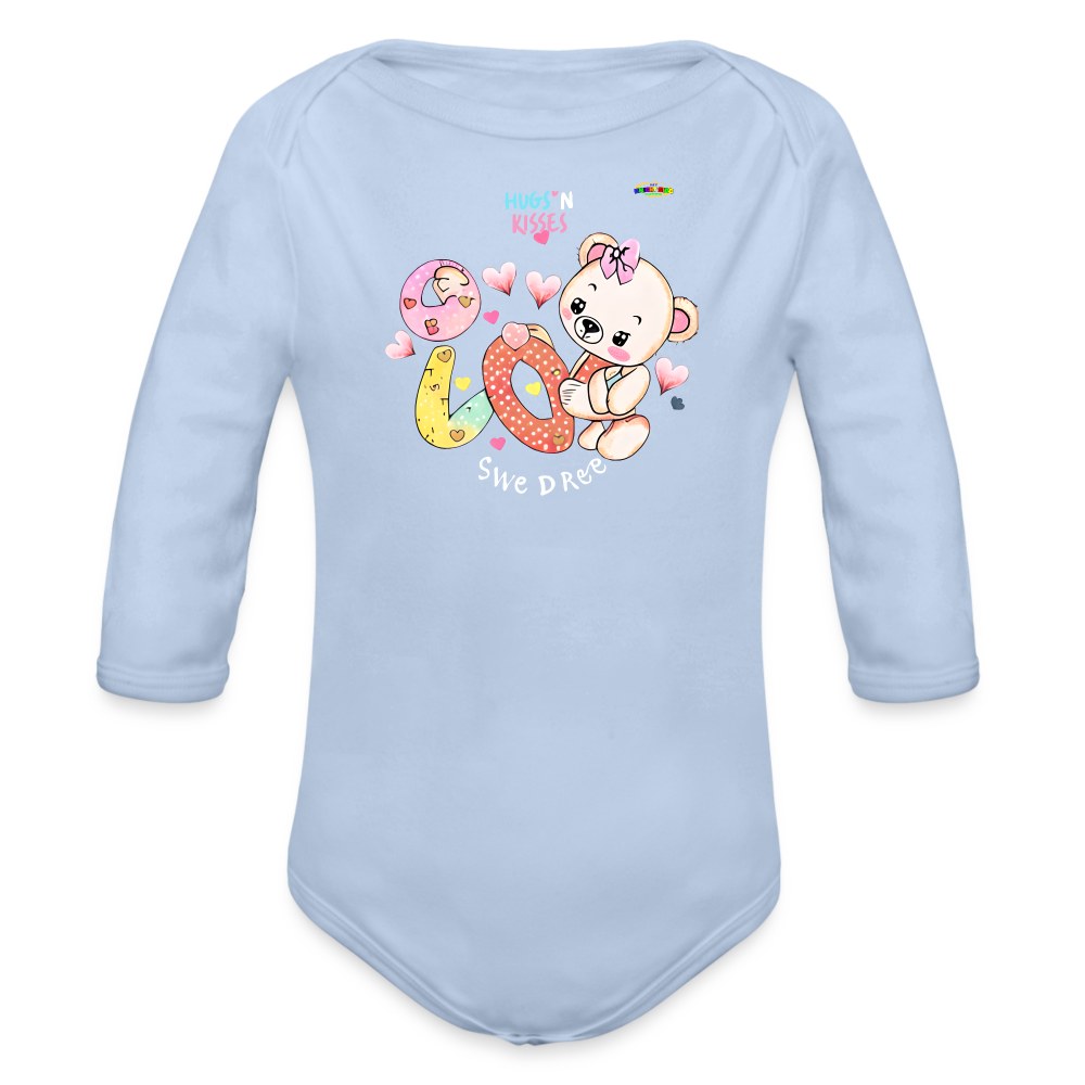 Cute Hugs and kisses Teddy Bear Graphic -Organic Long Sleeve Baby Bodysuit-mybrightsideclothing.com - sky