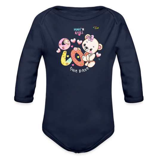 Cute Hugs and kisses Teddy Bear Graphic -Organic Long Sleeve Baby Bodysuit-mybrightsideclothing.com - dark navy