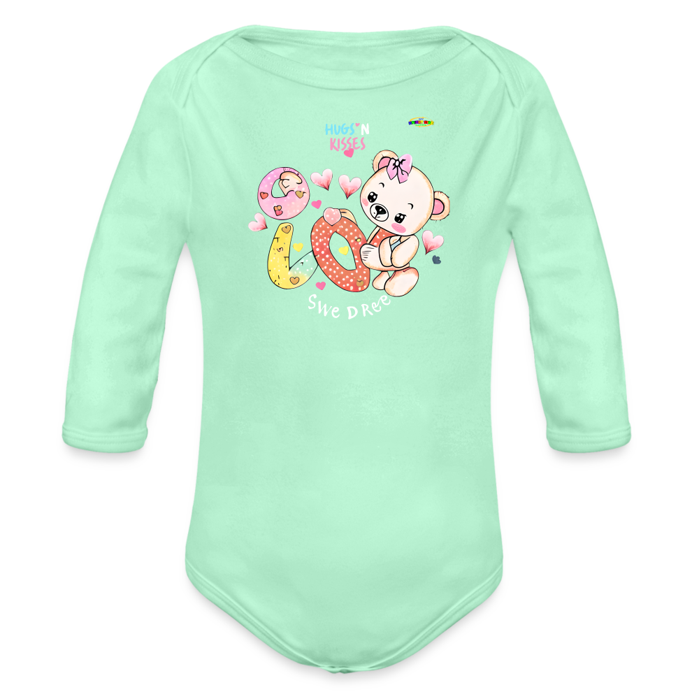 Cute Hugs and kisses Teddy Bear Graphic -Organic Long Sleeve Baby Bodysuit-mybrightsideclothing.com - light mint