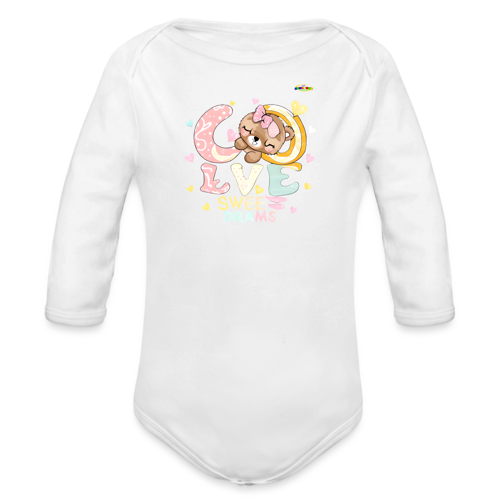 Cute Sweet Sleeping Teddy Bear Graphic -Organic Long Sleeve Baby Bodysuit-mybrightsideclothing.com - white