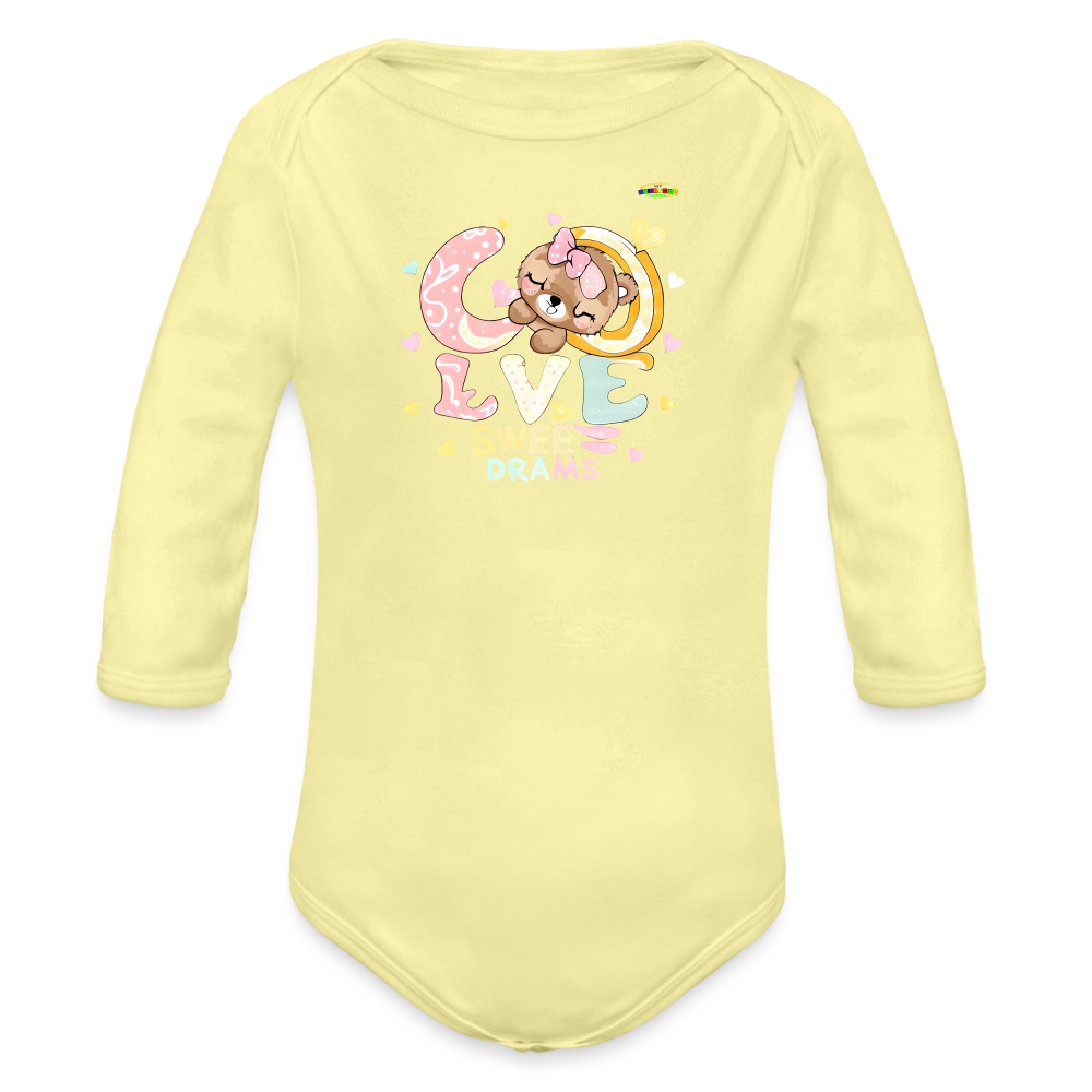 Cute Sweet Sleeping Teddy Bear Graphic -Organic Long Sleeve Baby Bodysuit-mybrightsideclothing.com - washed yellow