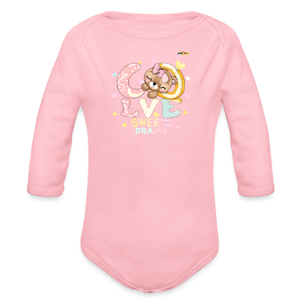 Cute Sweet Sleeping Teddy Bear Graphic -Organic Long Sleeve Baby Bodysuit-mybrightsideclothing.com - light pink