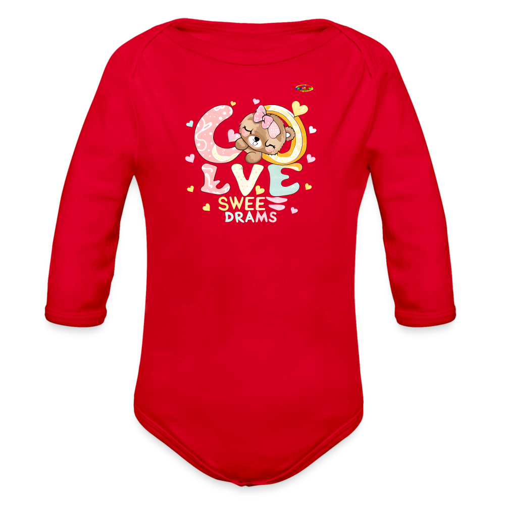 Cute Sweet Sleeping Teddy Bear Graphic -Organic Long Sleeve Baby Bodysuit-mybrightsideclothing.com - red