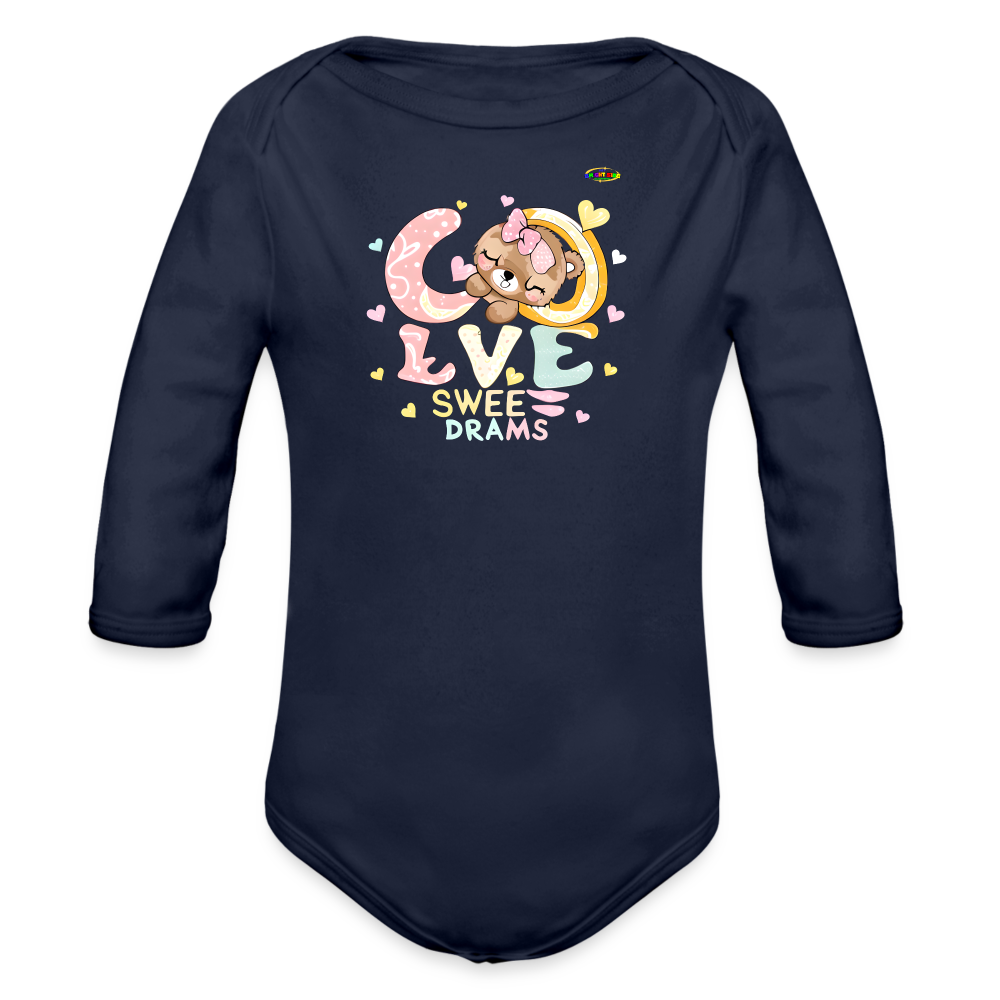 Cute Sweet Sleeping Teddy Bear Graphic -Organic Long Sleeve Baby Bodysuit-mybrightsideclothing.com - dark navy