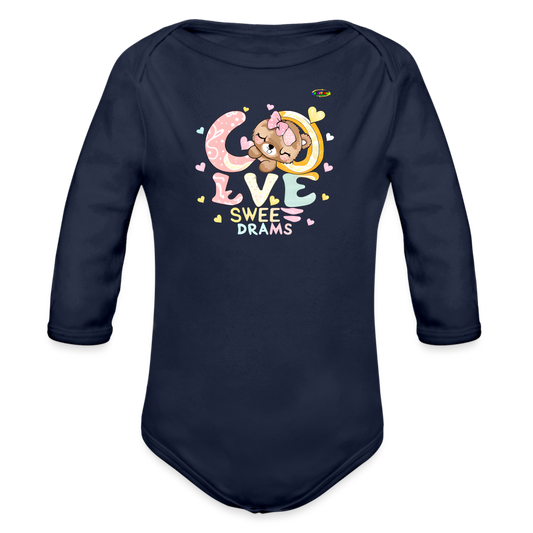 Cute Sweet Sleeping Teddy Bear Graphic -Organic Long Sleeve Baby Bodysuit-mybrightsideclothing.com - dark navy