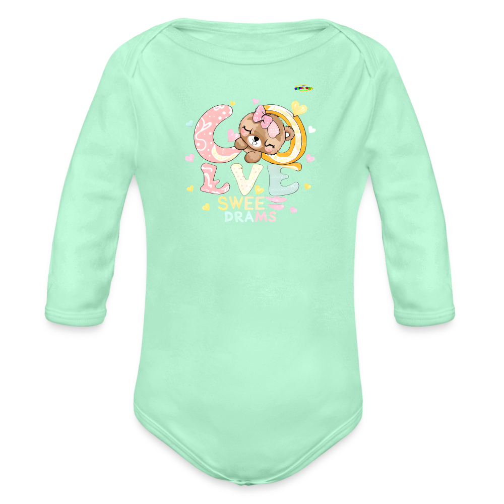 Cute Sweet Sleeping Teddy Bear Graphic -Organic Long Sleeve Baby Bodysuit-mybrightsideclothing.com - light mint