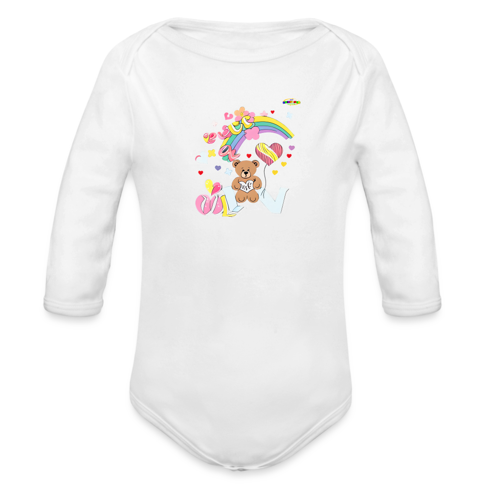 Cute Rainbow Love Teddy Bear Graphic -Organic Long Sleeve Baby Bodysuit-mybrightsideclothing.com - white