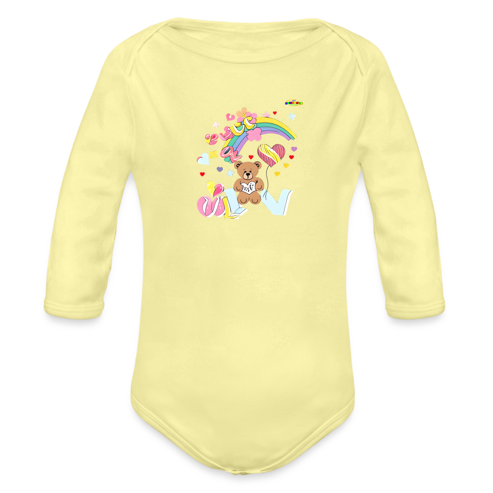 Cute Rainbow Love Teddy Bear Graphic -Organic Long Sleeve Baby Bodysuit-mybrightsideclothing.com - washed yellow