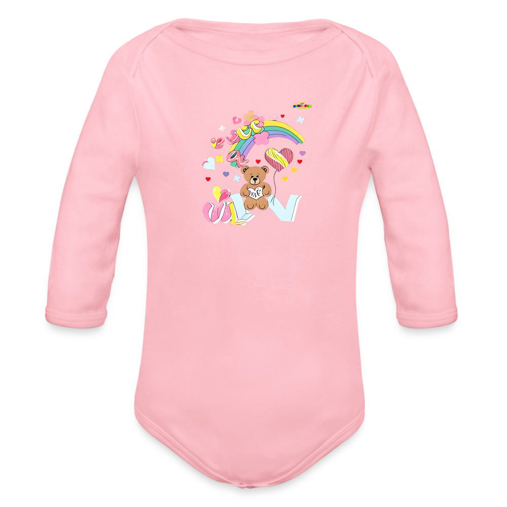 Cute Rainbow Love Teddy Bear Graphic -Organic Long Sleeve Baby Bodysuit-mybrightsideclothing.com - light pink