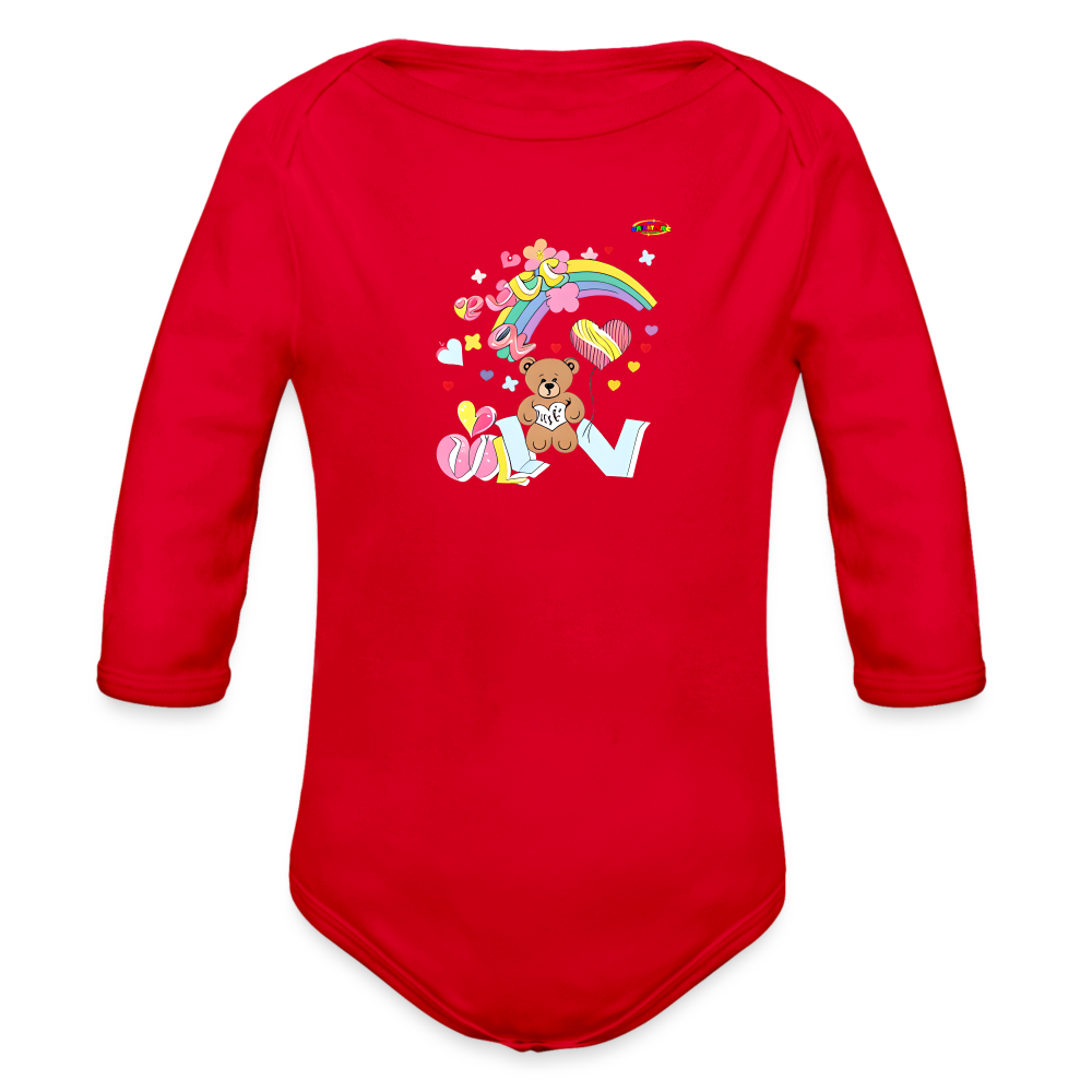 Cute Rainbow Love Teddy Bear Graphic -Organic Long Sleeve Baby Bodysuit-mybrightsideclothing.com - red