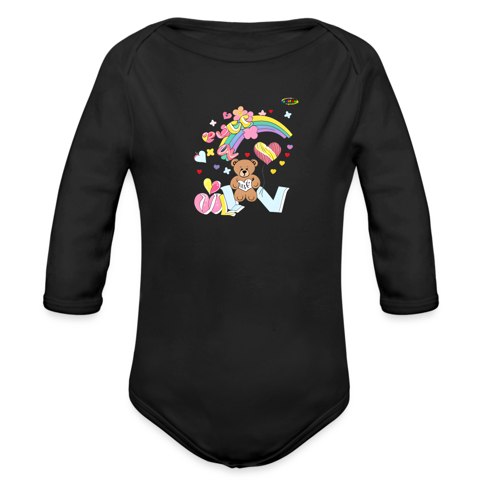 Cute Rainbow Love Teddy Bear Graphic -Organic Long Sleeve Baby Bodysuit-mybrightsideclothing.com - black