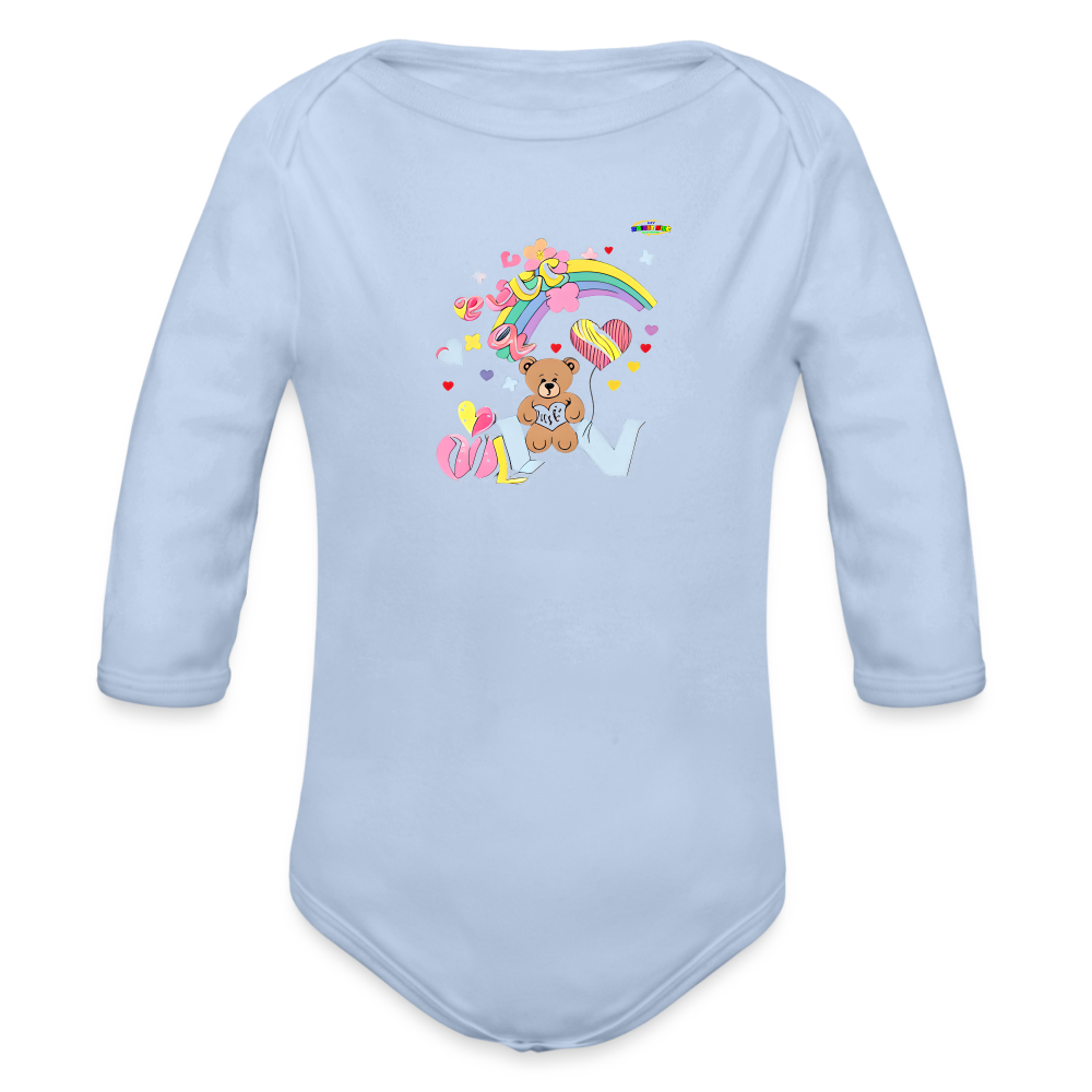 Cute Rainbow Love Teddy Bear Graphic -Organic Long Sleeve Baby Bodysuit-mybrightsideclothing.com - sky