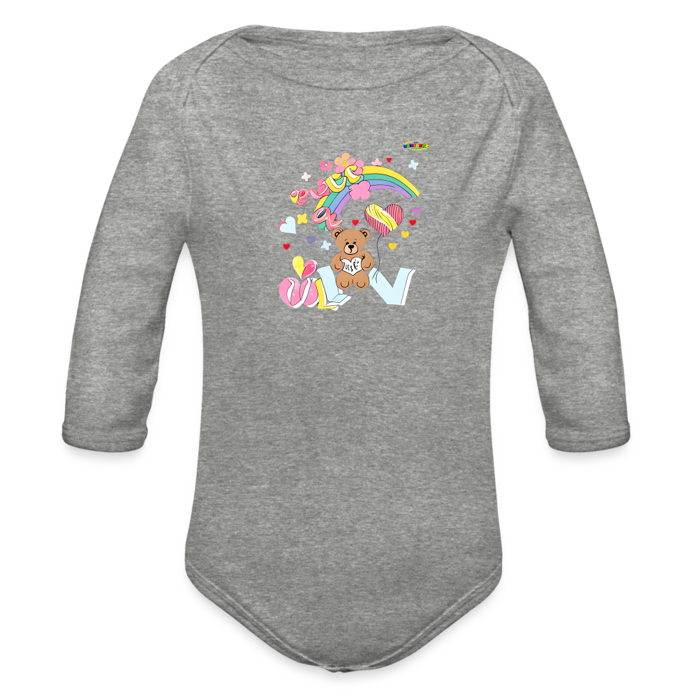 Cute Rainbow Love Teddy Bear Graphic -Organic Long Sleeve Baby Bodysuit-mybrightsideclothing.com - heather grey