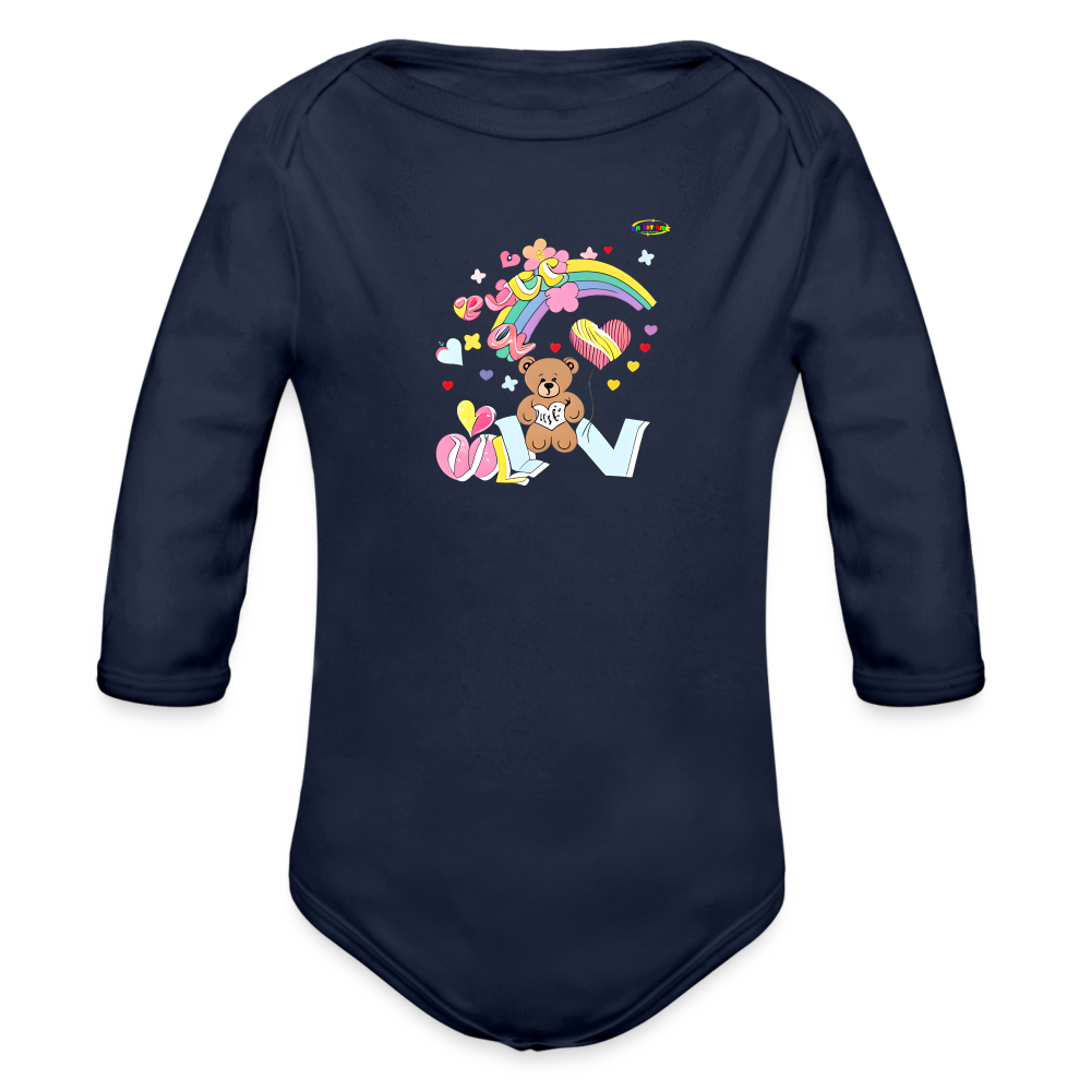 Cute Rainbow Love Teddy Bear Graphic -Organic Long Sleeve Baby Bodysuit-mybrightsideclothing.com - dark navy