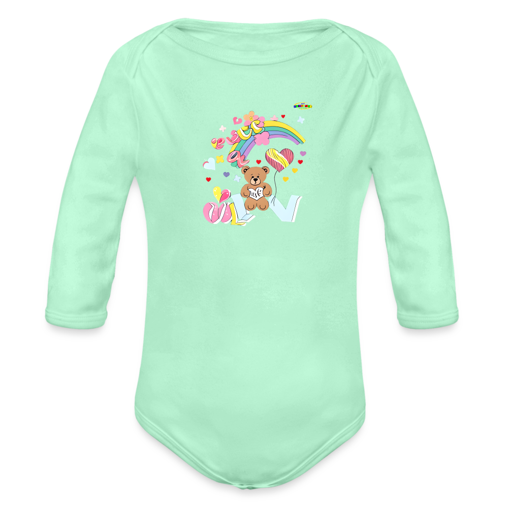 Cute Rainbow Love Teddy Bear Graphic -Organic Long Sleeve Baby Bodysuit-mybrightsideclothing.com - light mint