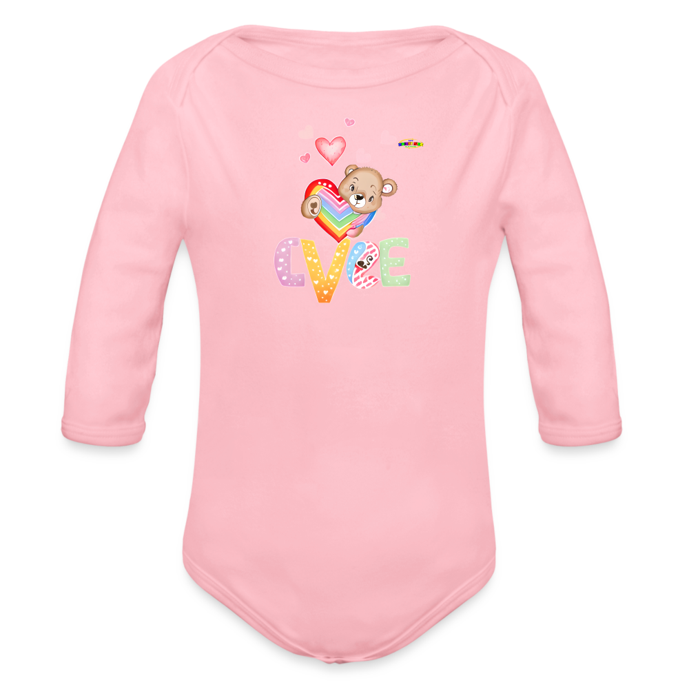 Cute Love Teddy Bear Graphic -Organic Long Sleeve Baby Bodysuit-mybrightsideclothing.com - light pink