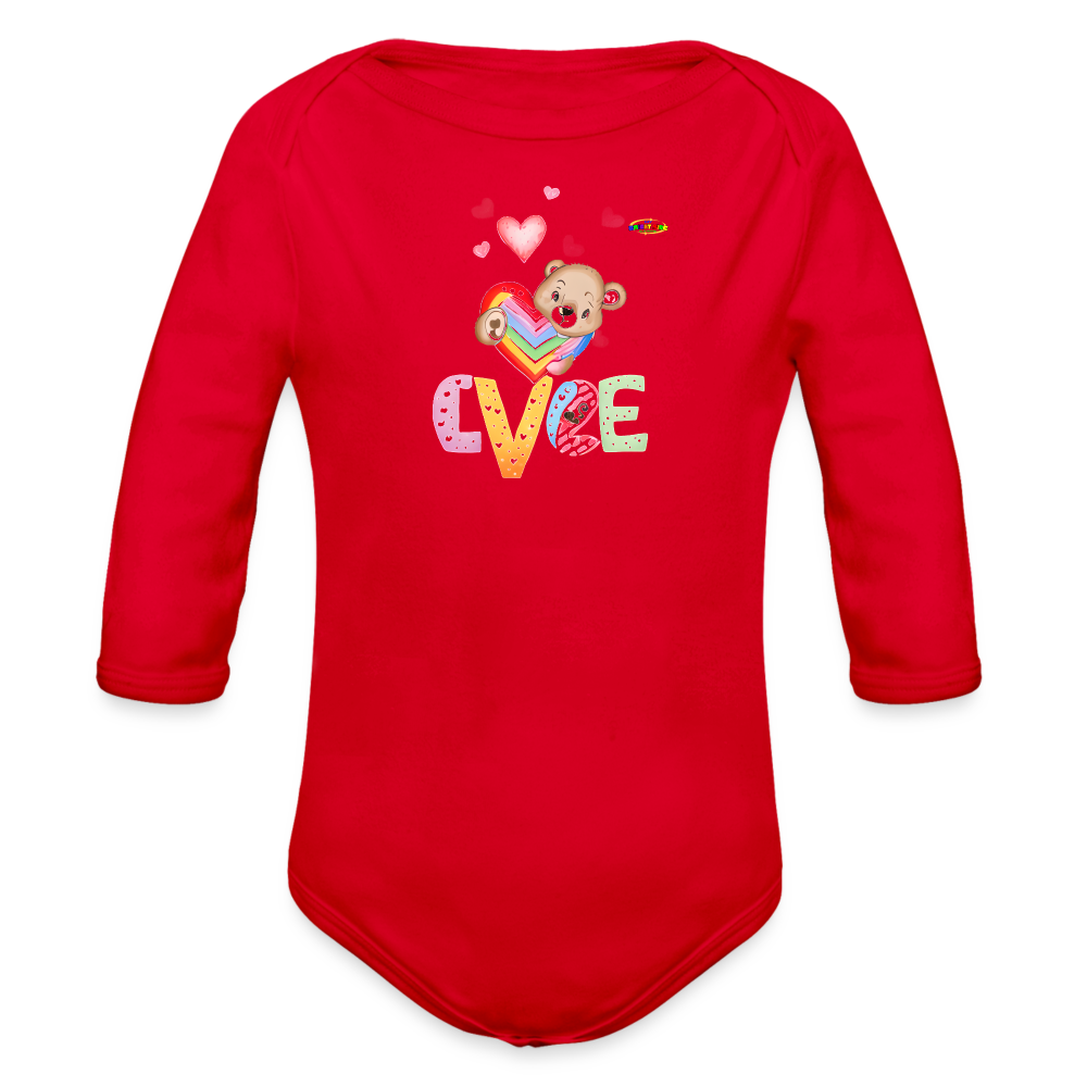 Cute Love Teddy Bear Graphic -Organic Long Sleeve Baby Bodysuit-mybrightsideclothing.com - red