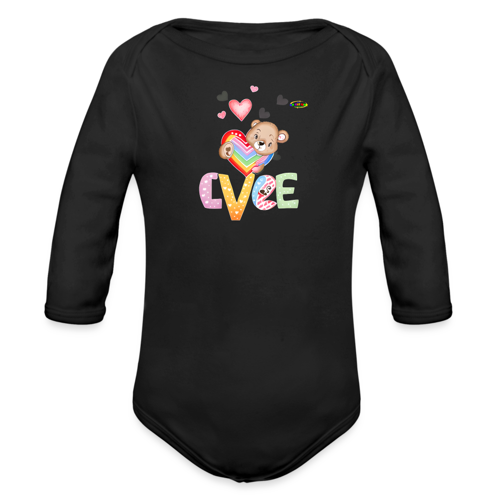 Cute Love Teddy Bear Graphic -Organic Long Sleeve Baby Bodysuit-mybrightsideclothing.com - black