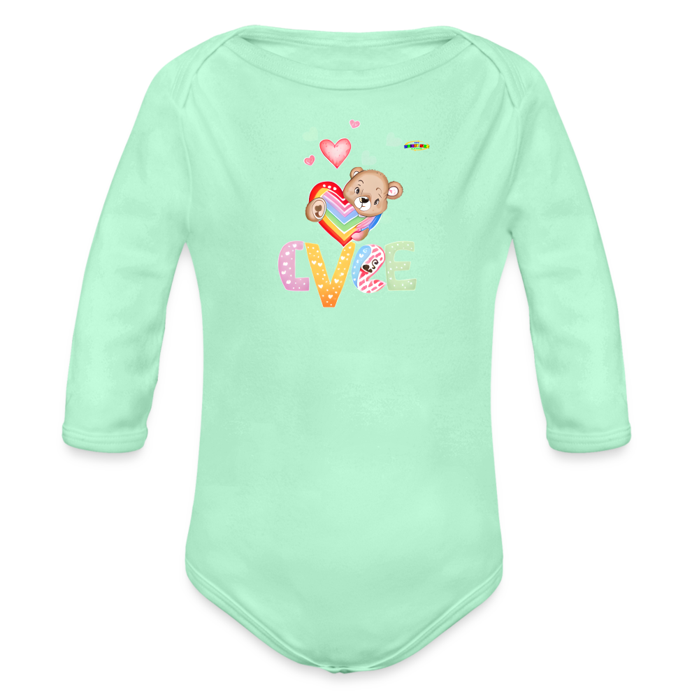 Cute Love Teddy Bear Graphic -Organic Long Sleeve Baby Bodysuit-mybrightsideclothing.com - light mint