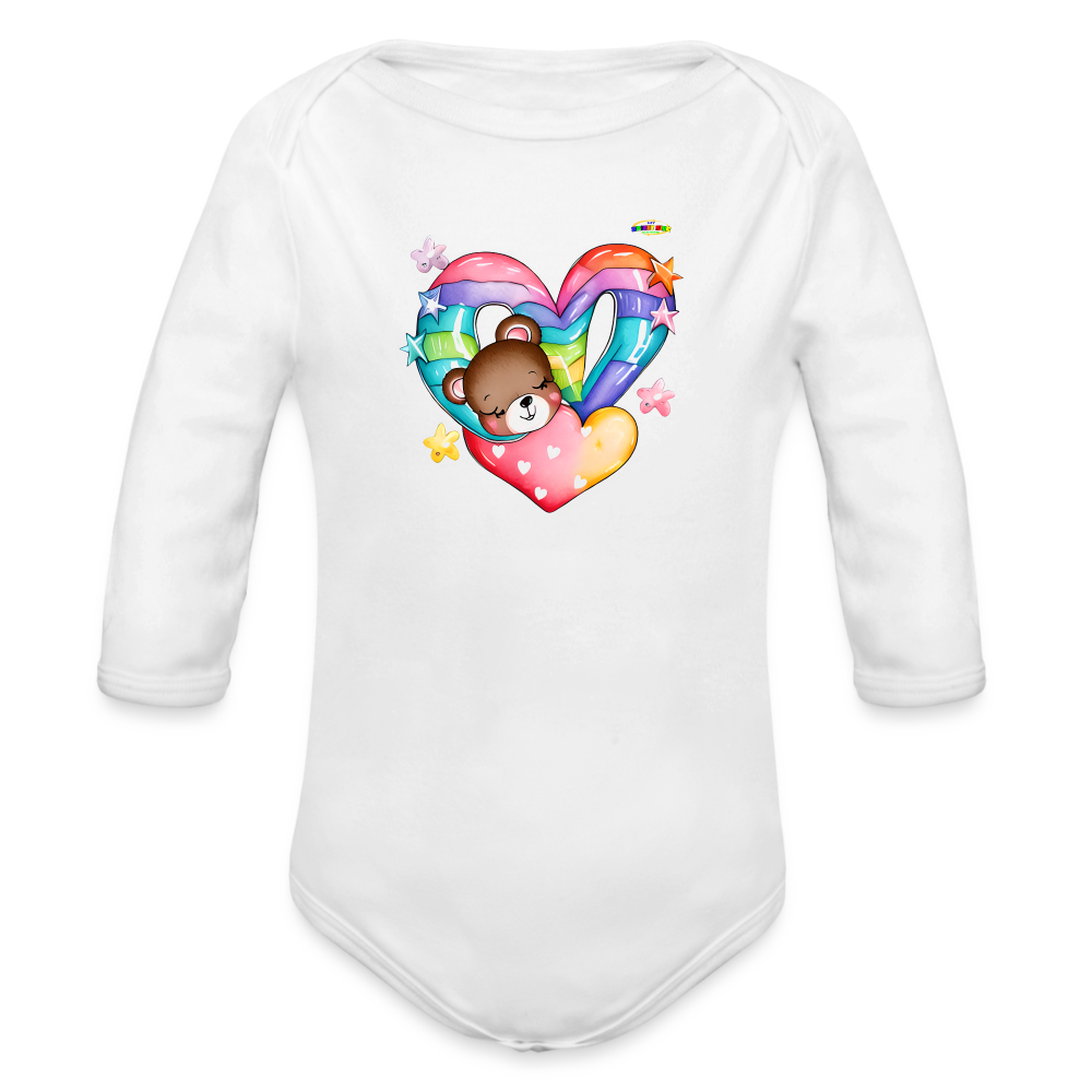 Cute Rainbow Heart Sleeping Teddy Bear Graphic -Organic Long Sleeve Baby Bodysuit-mybrightsideclothing.com - white