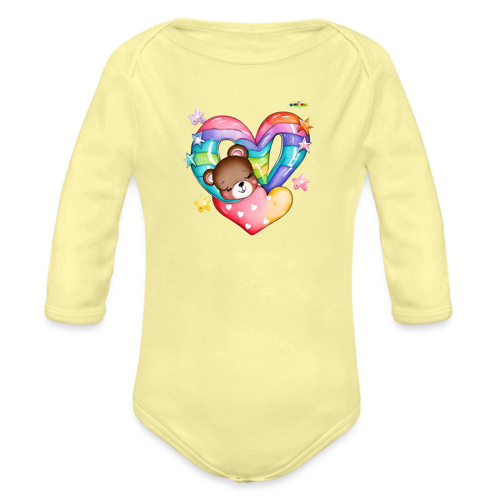 Cute Rainbow Heart Sleeping Teddy Bear Graphic -Organic Long Sleeve Baby Bodysuit-mybrightsideclothing.com - washed yellow