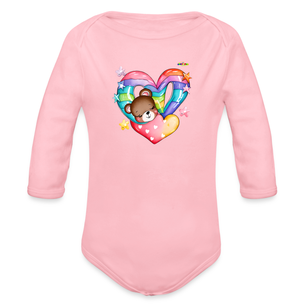 Cute Rainbow Heart Sleeping Teddy Bear Graphic -Organic Long Sleeve Baby Bodysuit-mybrightsideclothing.com - light pink