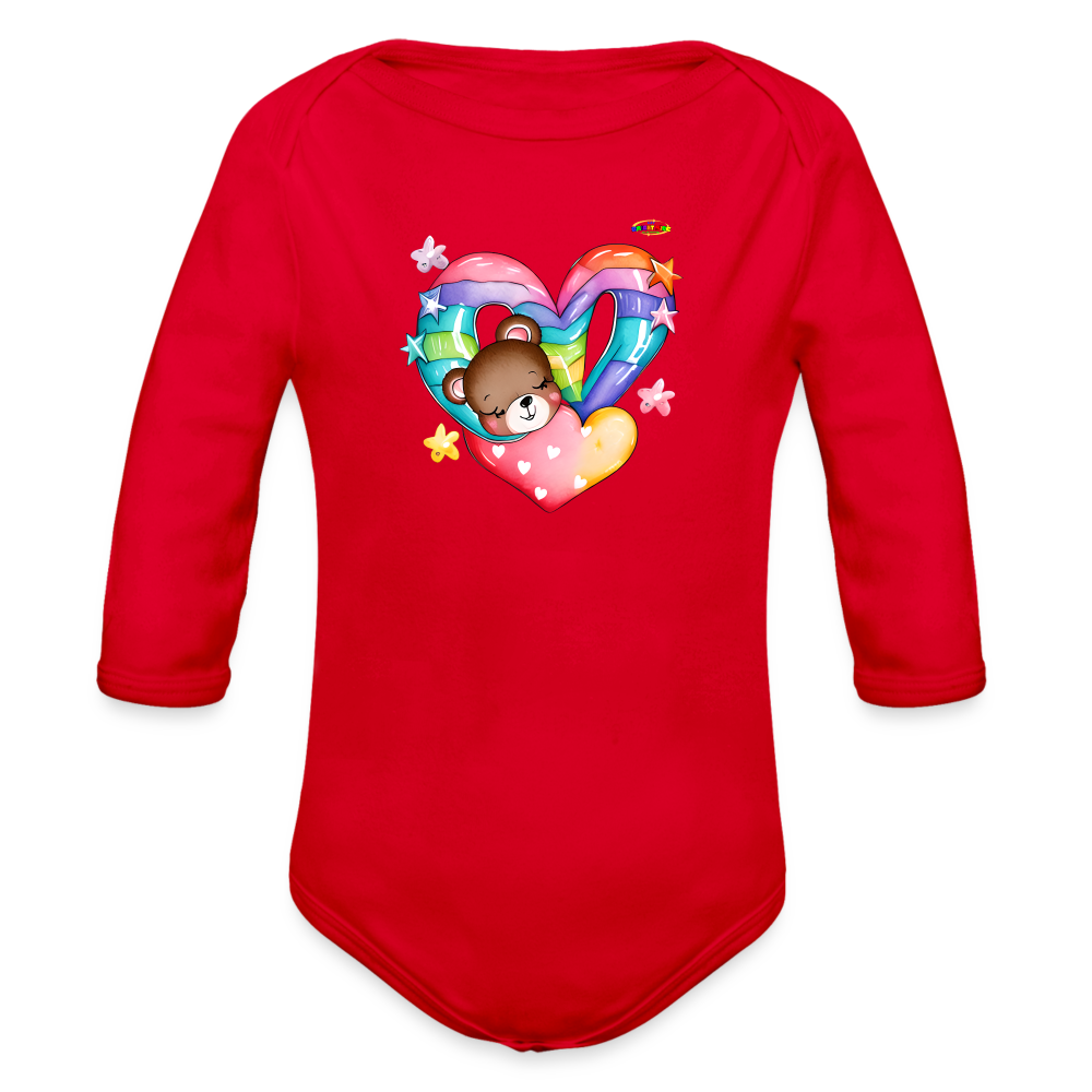 Cute Rainbow Heart Sleeping Teddy Bear Graphic -Organic Long Sleeve Baby Bodysuit-mybrightsideclothing.com - red